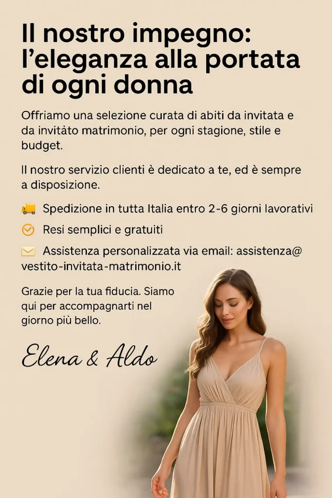 Scena raffinata che rappresenta l’impegno di Vestito Invitata Matrimonio a offrire eleganza, qualità e assistenza personalizzata