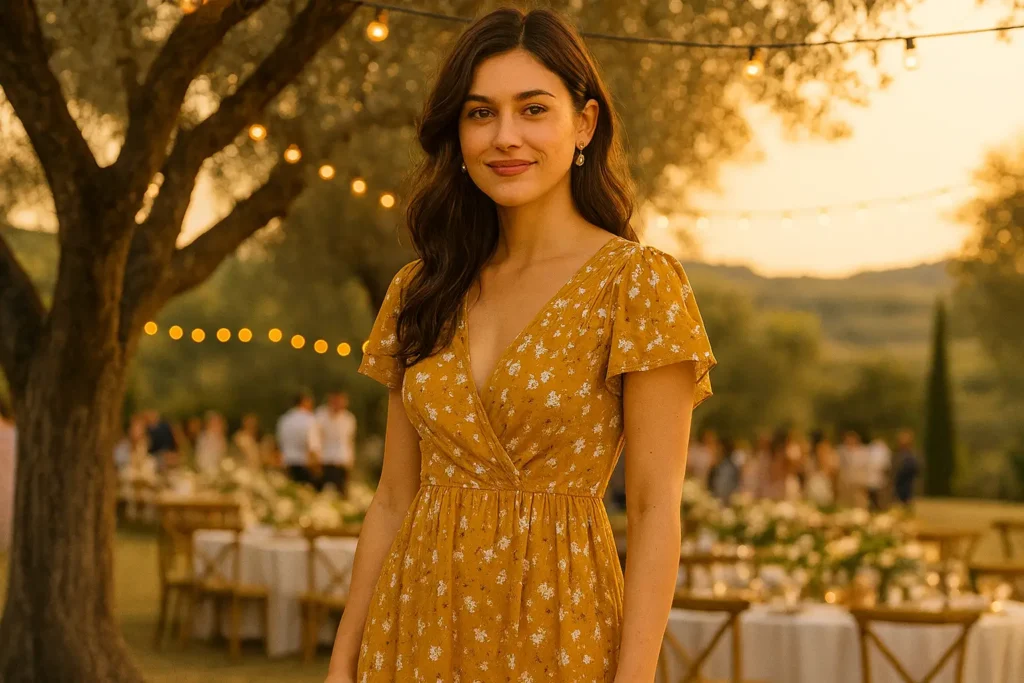 Giovane donna con abito da cerimonia chic e campestre, durante un matrimonio all’aperto in campagna italiana al tramonto