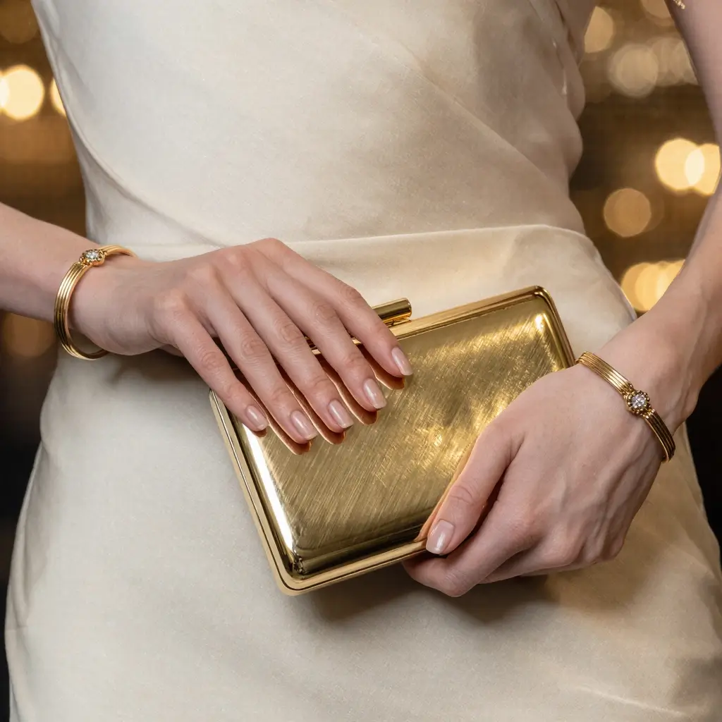 Dettaglio accessori invitata: clutch strutturata e gioielli in oro delicato