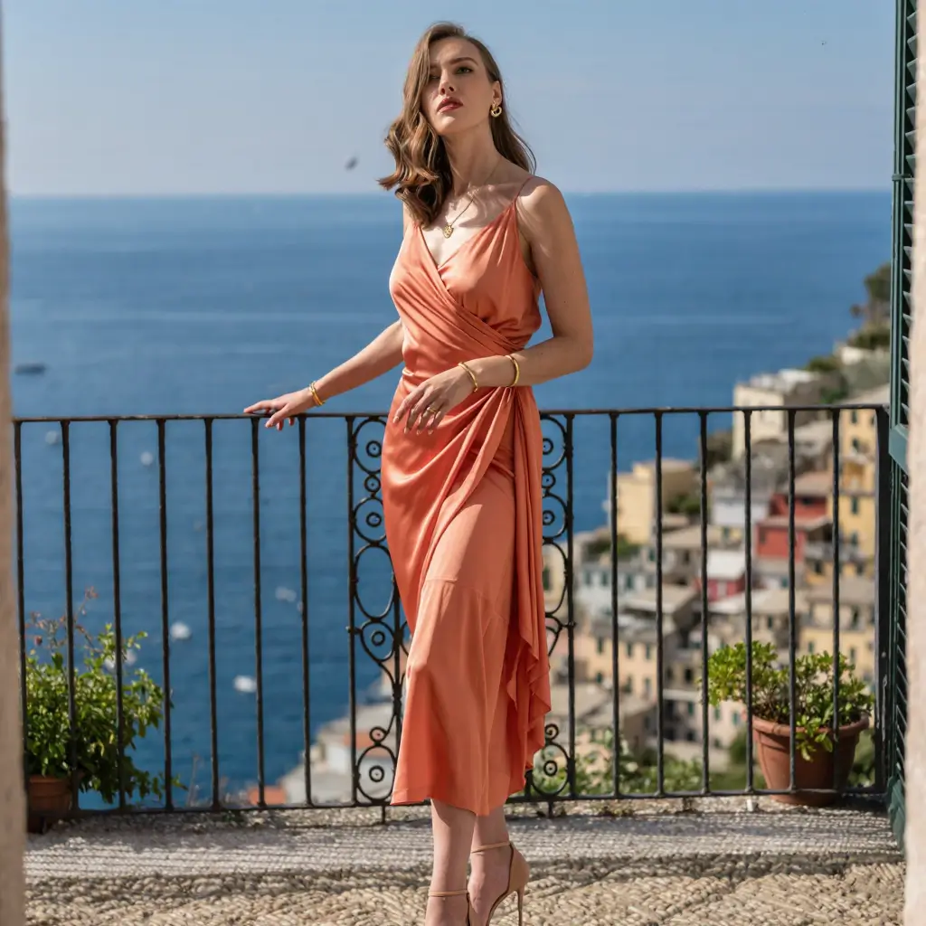 Invitata in abito corallo in seta su terrazza vista mare Cinque Terre