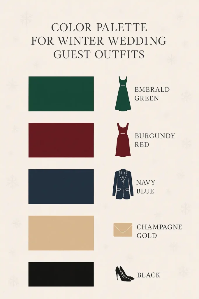 Palette colori outfit matrimonio invernale: verde smeraldo, rosso bordeaux, blu navy, oro champagne, nero