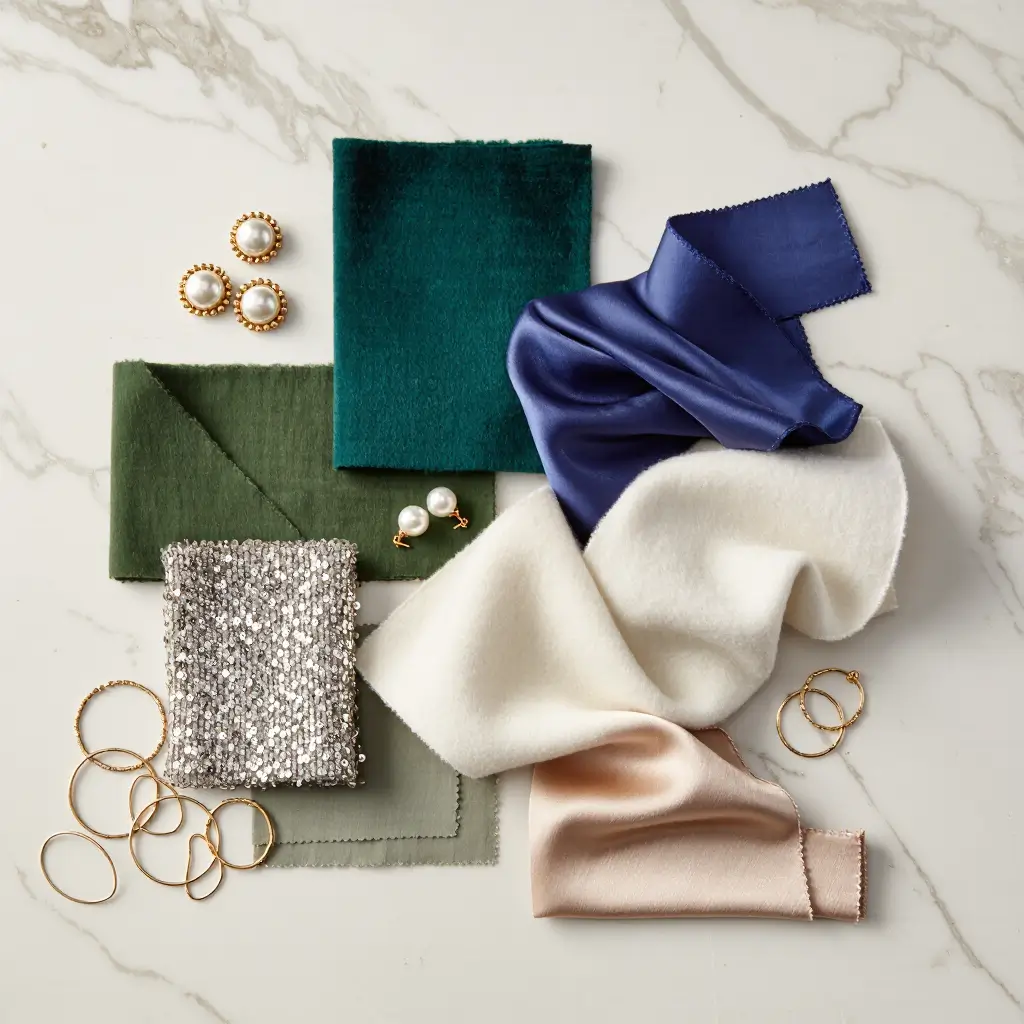 Moodboard tessuti matrimonio invernale: velluto, raso, lana, seta, paillettes